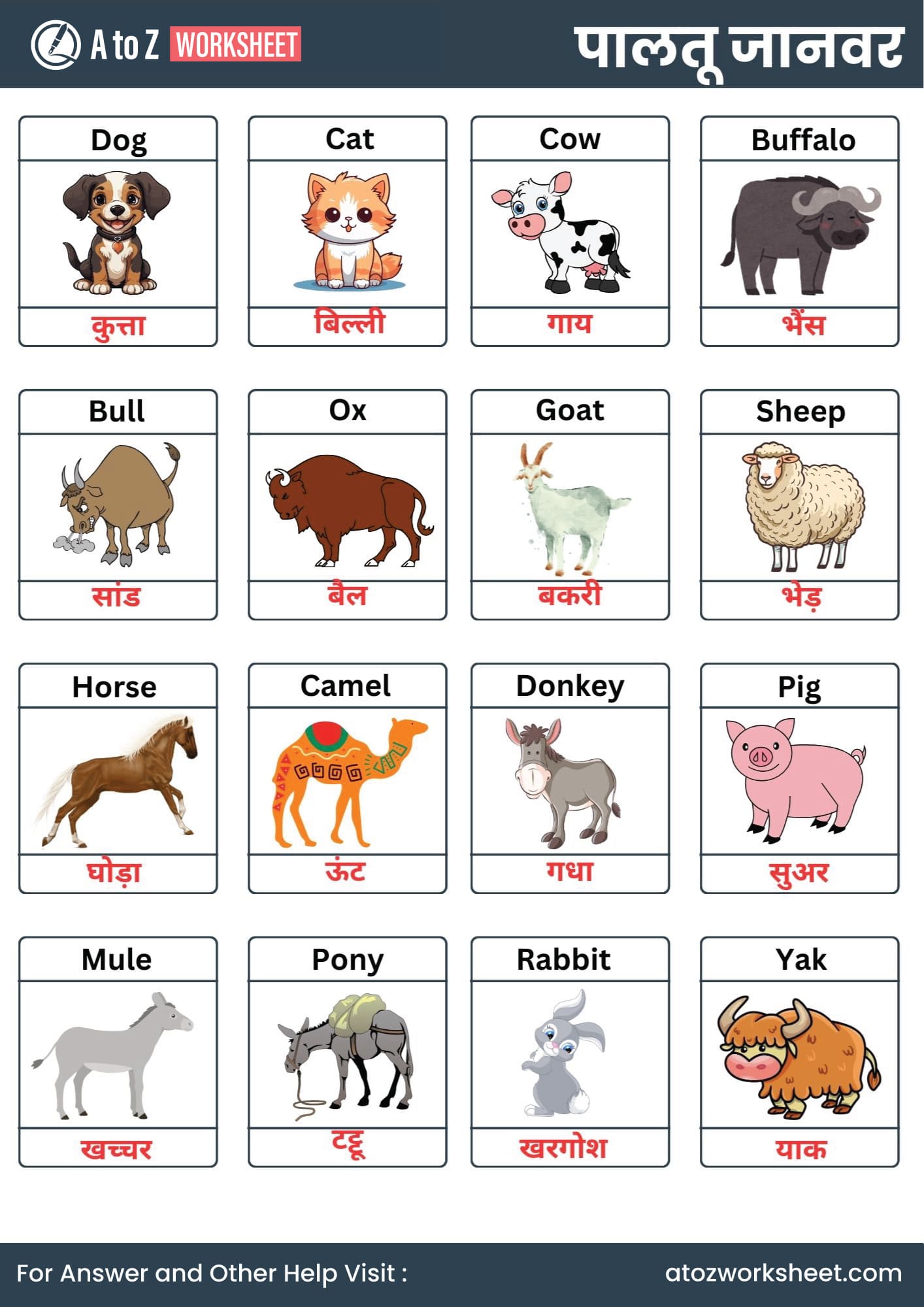 domestic animals name in hindi and english