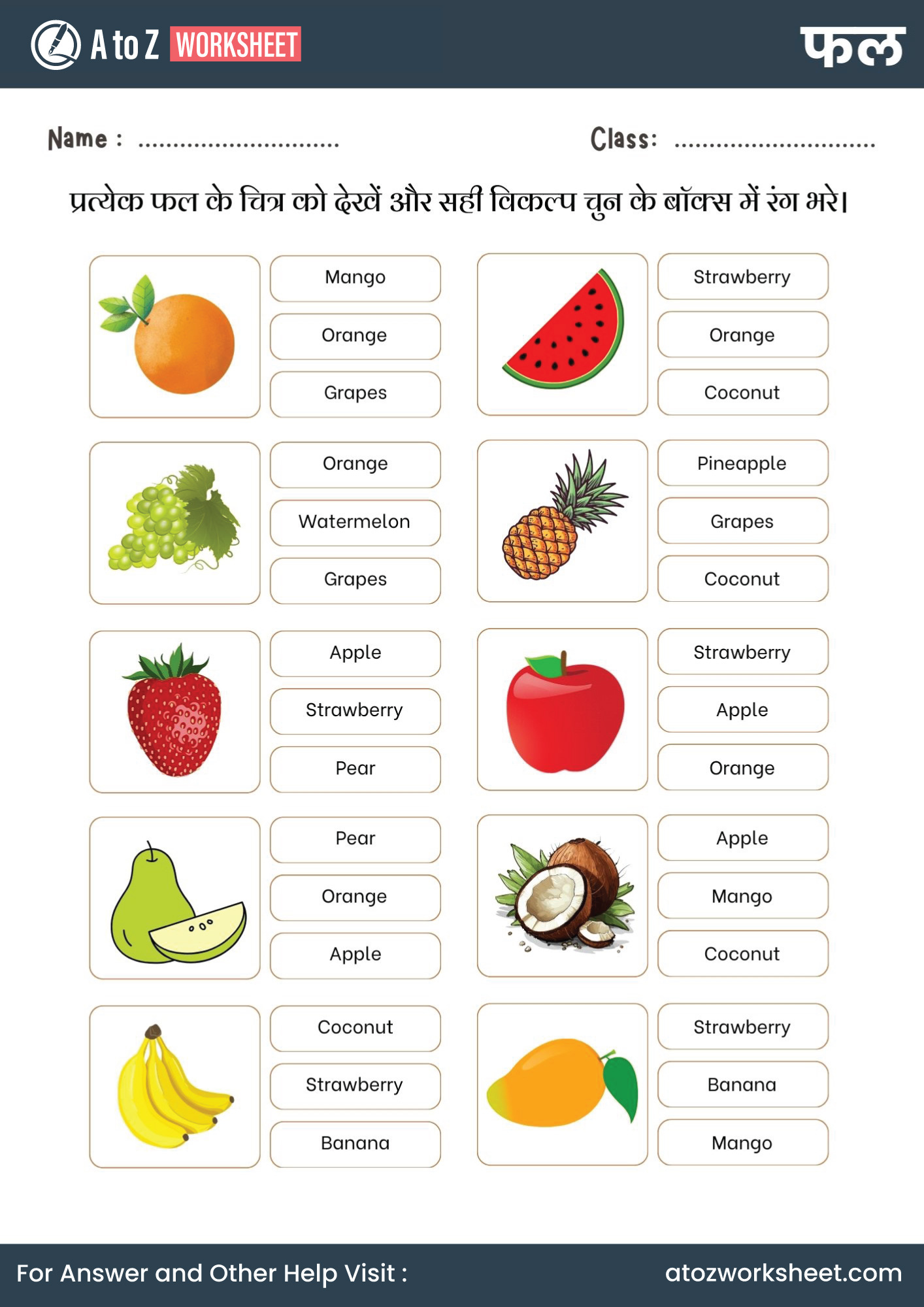fruits name in hindi and worksheets for kg and nursery