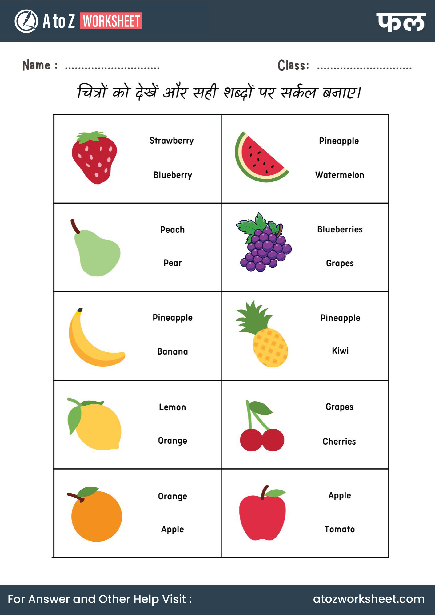 fruits name in hindi and worksheets for kg and nursery