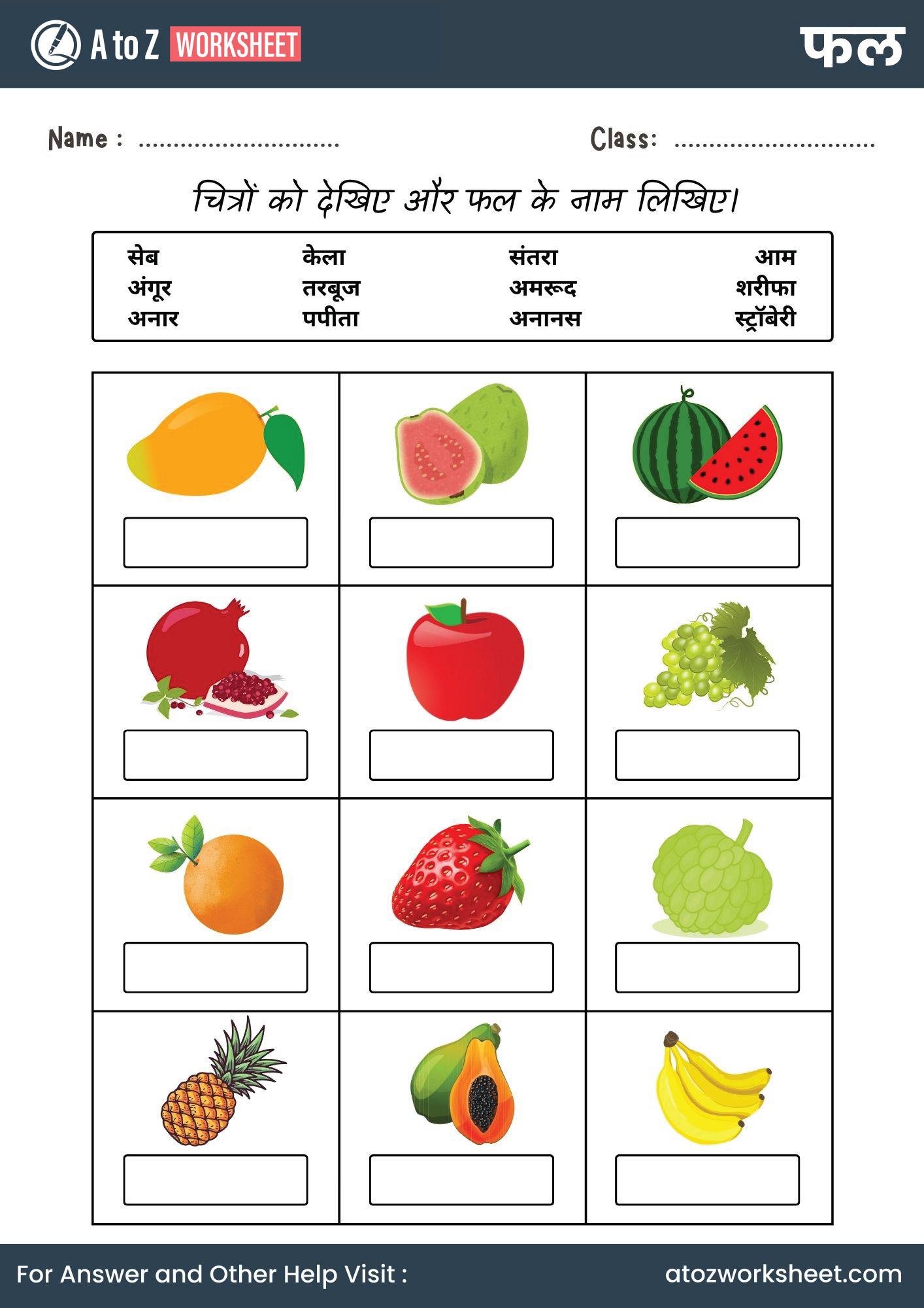 fruits name in hindi and worksheets for kg and nursery