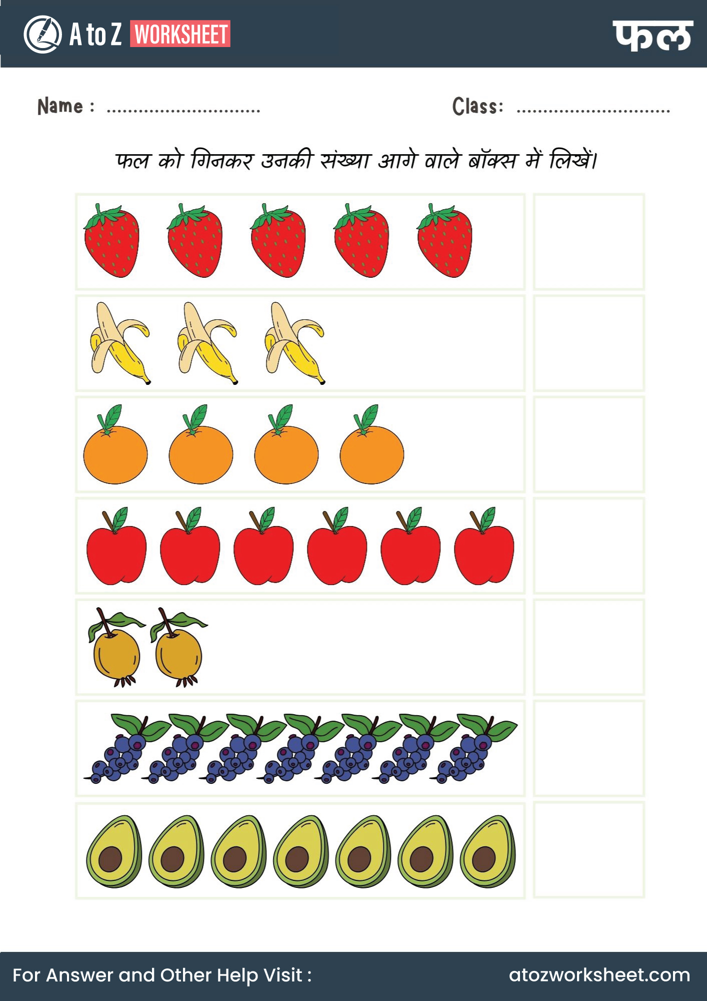 fruits name in hindi and worksheets for kg and nursery