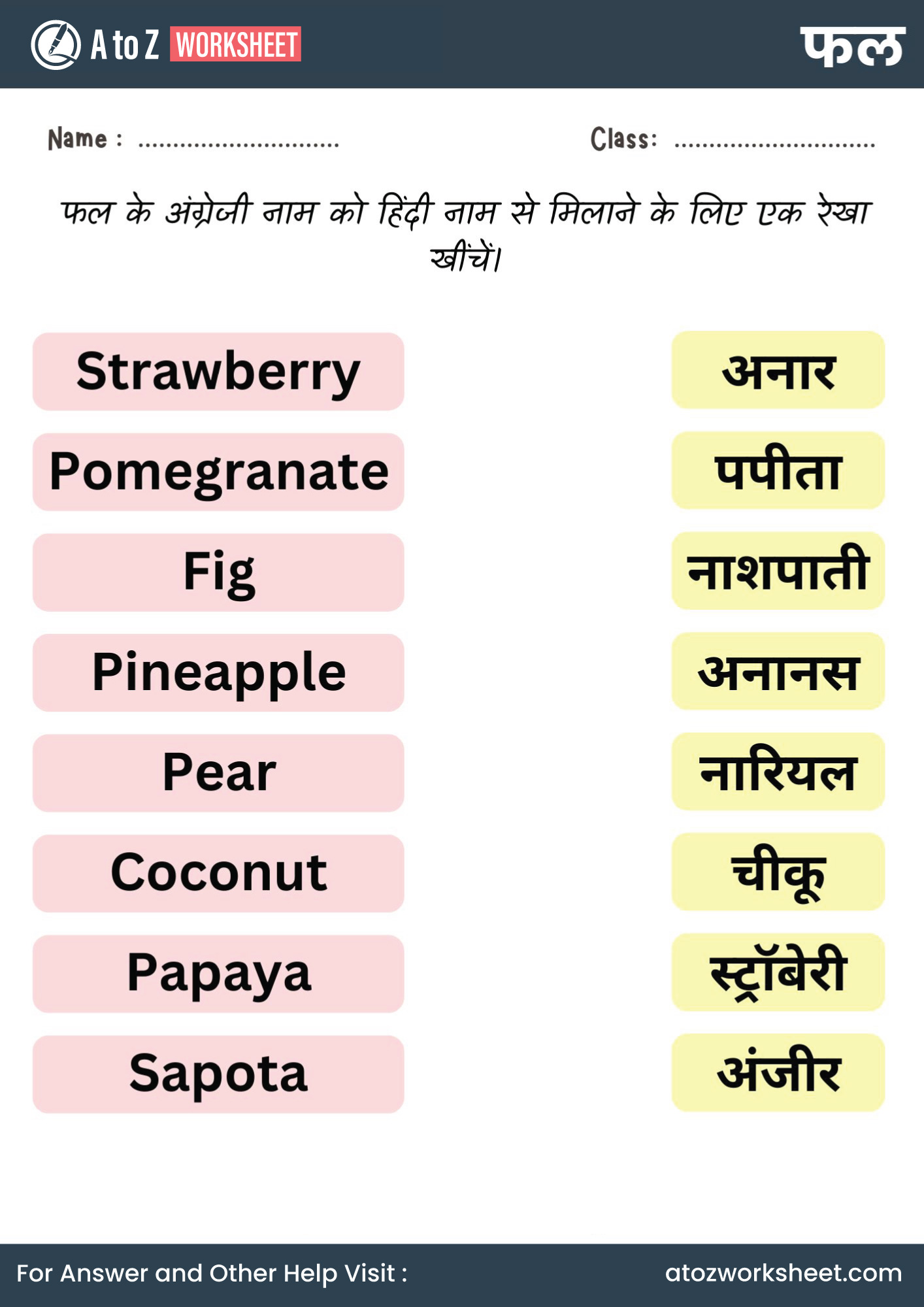 fruits name in hindi and worksheets for kg and nursery