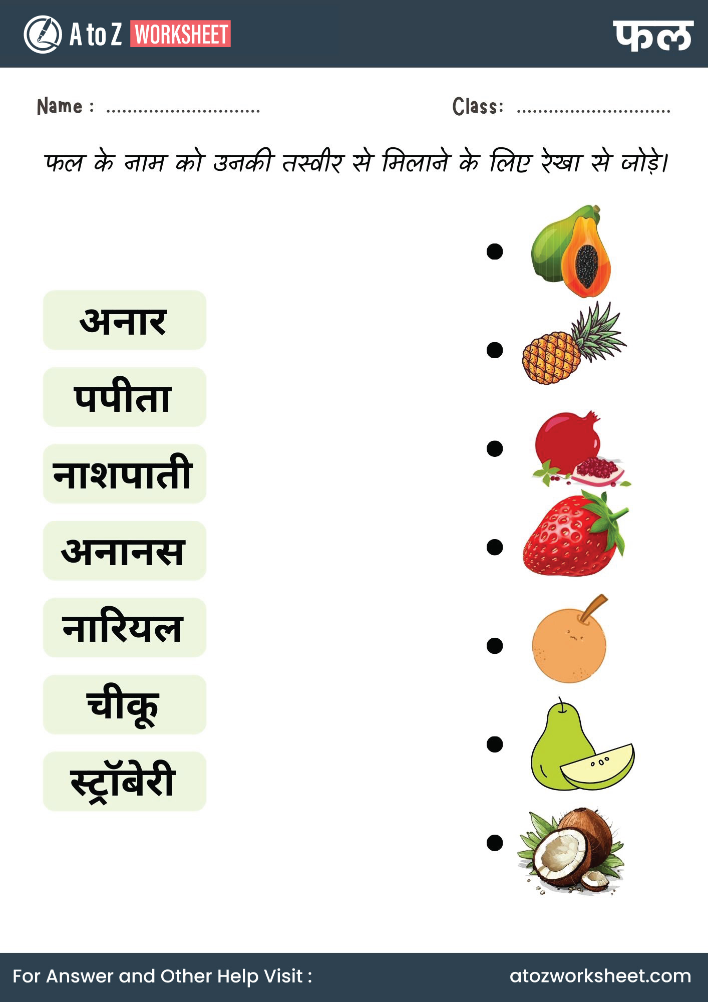 fruits name in hindi and worksheets for kg and nursery