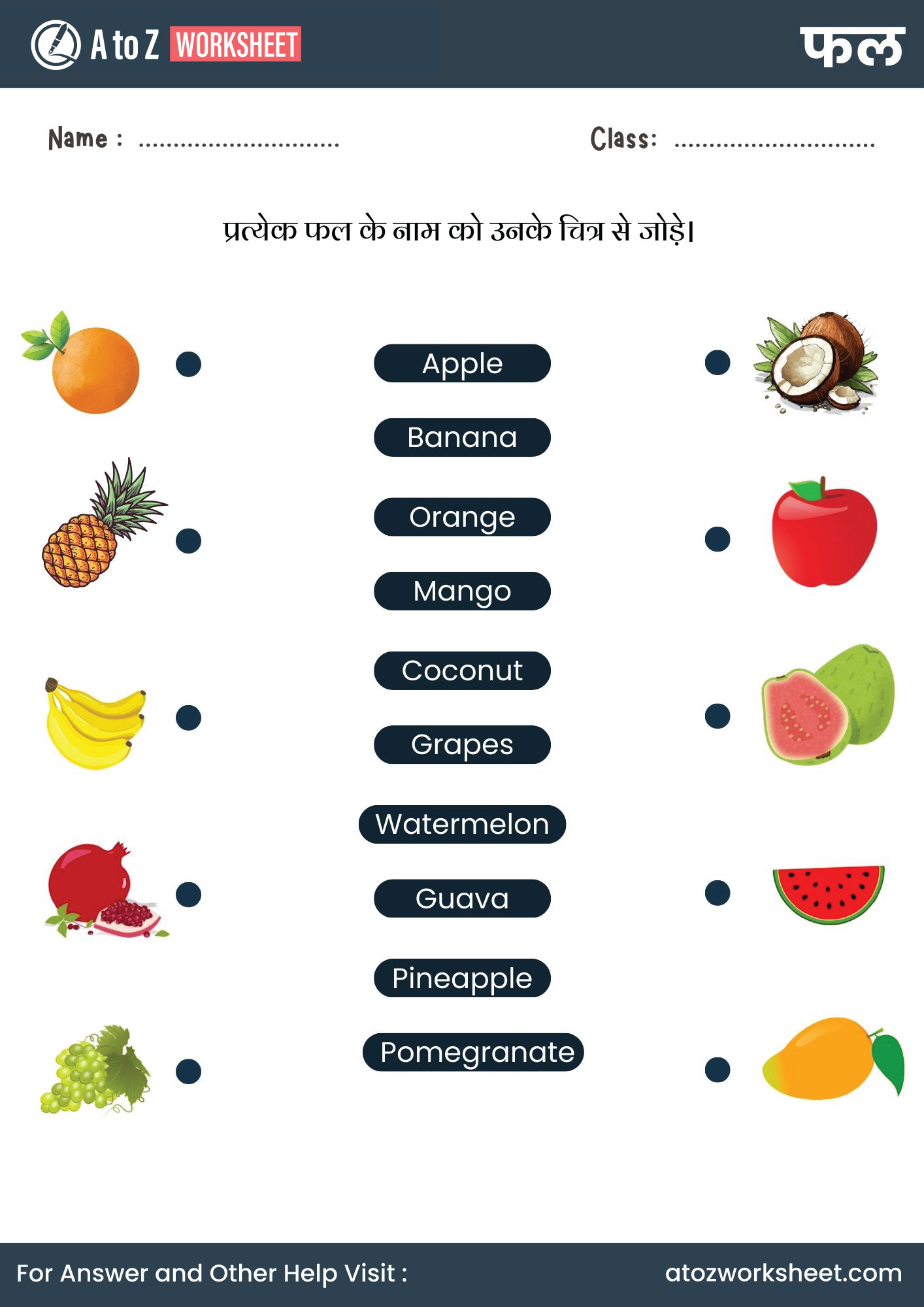 fruits name in hindi and worksheets for kg and nursery